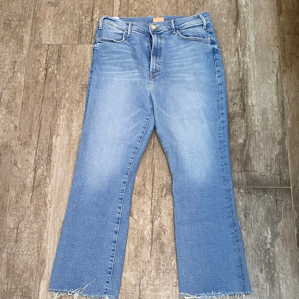 MOTHER Light Blue Flare Jeans, Hustler Ankle Fray